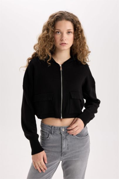 Regular Fit Kapüşonlu Basic Düz Fermuarlı Triko Hırka