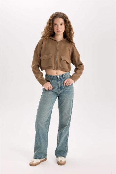 Regular Fit Kapüşonlu Basic Düz Fermuarlı Triko Hırka