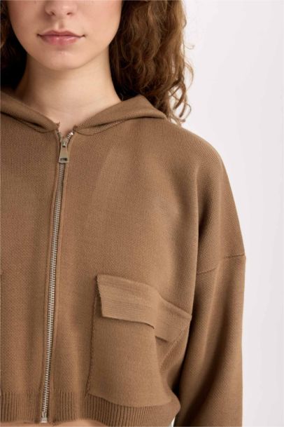 Regular Fit Kapüşonlu Basic Düz Fermuarlı Triko Hırka