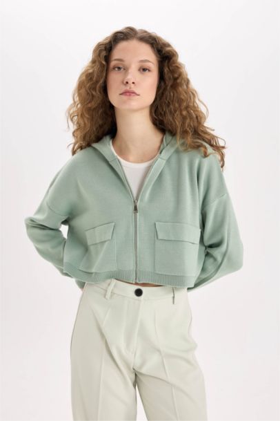 Regular Fit Kapüşonlu Basic Düz Fermuarlı Triko Hırka