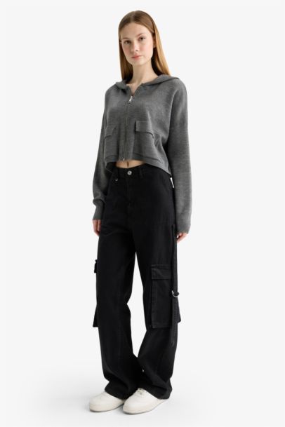 Regular Fit Kapüşonlu Basic Düz Fermuarlı Triko Hırka