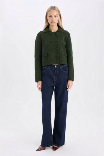 Regular Fit Polo Neck Basic Buttoned Knitted Cardigan