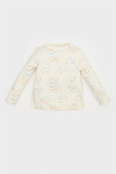 Erkek Bebek 2'li Takım Araç Baskılı Waffle Uzun Kollu Tişört Salopet