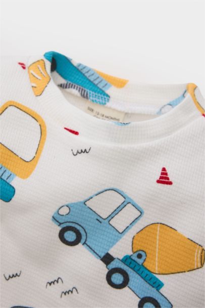 Bisiklet Yaka Araç Baskılı Waffle 2'li Uzun Kollu Tişört Erkek Bebek Yenidoğan