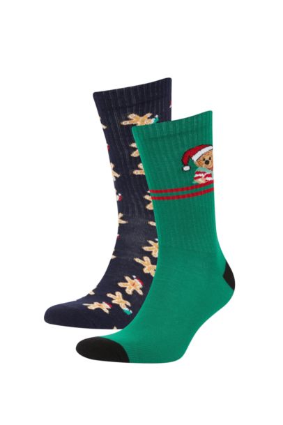Erkek Yılbaşı Temalı Yeni Yıl Baskılı 2'li Pamuklu Uzun Çorap