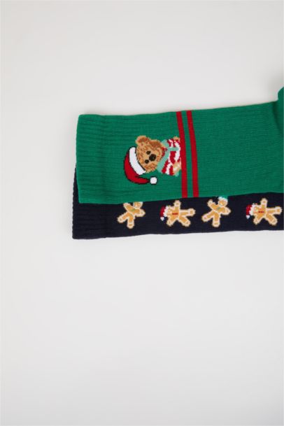 Erkek Yılbaşı Temalı Yeni Yıl Baskılı 2'li Pamuklu Uzun Çorap