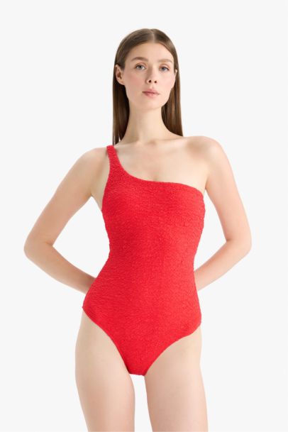 Fall in Love Regular Fit Seersucker Textured One Shoulder Swimsuit