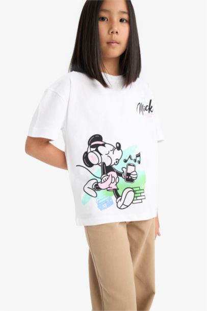 Disney Mickey & Minnie Oversize Geniş Kalıp Bisiklet Yaka Sırt Baskılı Kısa Kollu Tişört Kız Çocuk