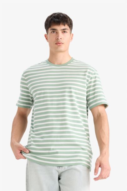 تيشيرت مخطط قطن قصة عادية بياخة مستديرة