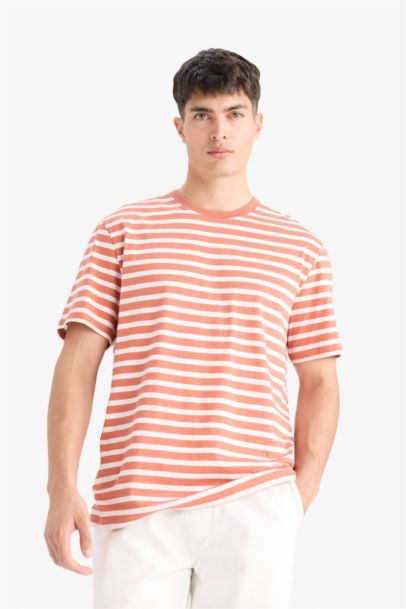 تيشيرت مخطط قطن قصة عادية بياخة مستديرة