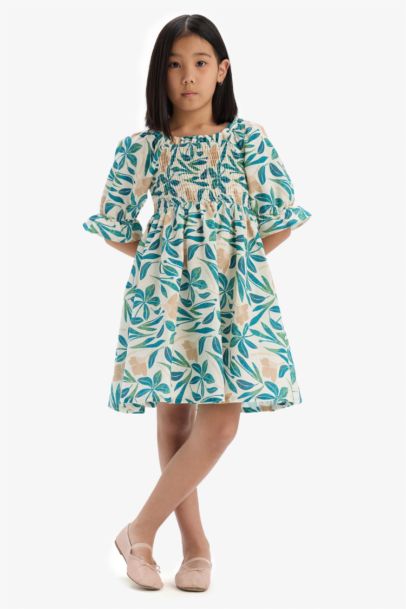 Girl Patterned Cotton Short Sleeve Dress