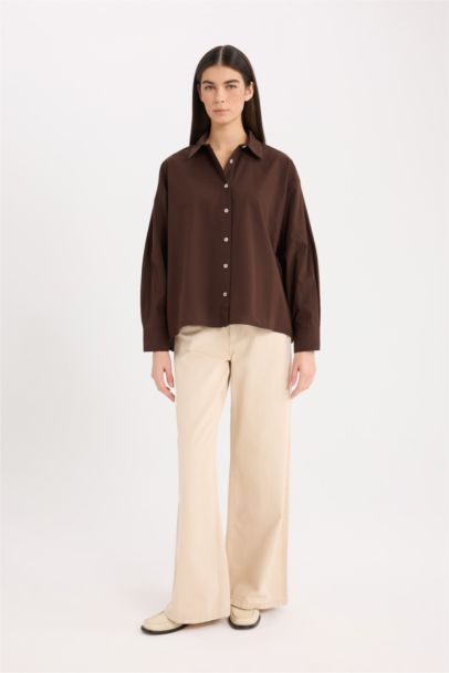 قميص كم طويل بوبلين اوفر سايز بياقة قميص