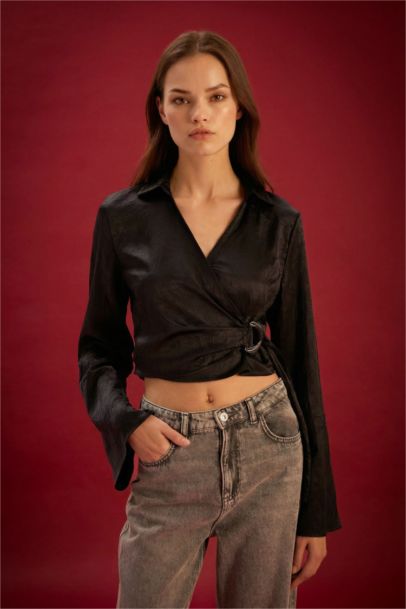 Fitted Wrap Collar Satin Long Sleeve Blouse