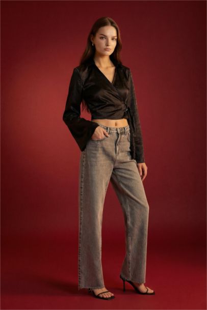 Fitted Wrap Collar Satin Long Sleeve Blouse