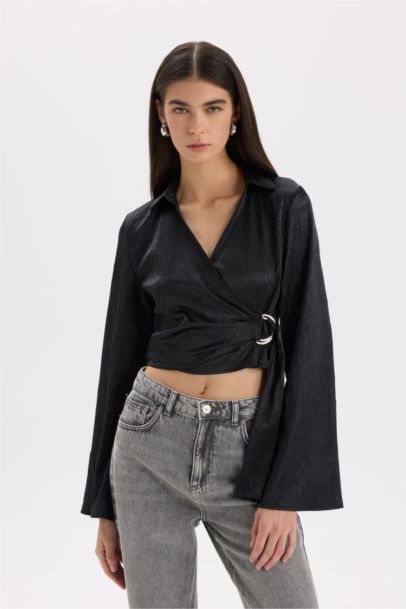 Fitted Wrap Collar Satin Long Sleeve Blouse