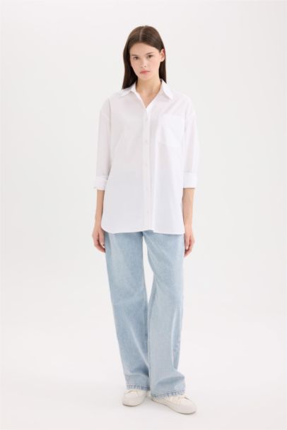 قميص كم طويل بوبلين اوفر سايز بياقة قميص