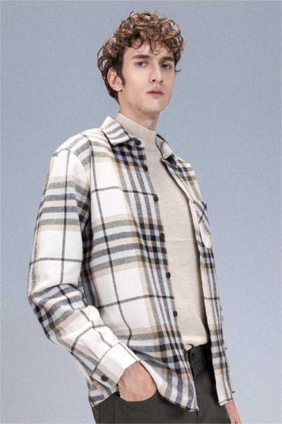 Regular Fit Polo Collar Plaid Flanel Long Sleeve Shirt