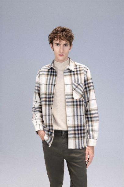 Regular Fit Polo Collar Plaid Flanel Long Sleeve Shirt