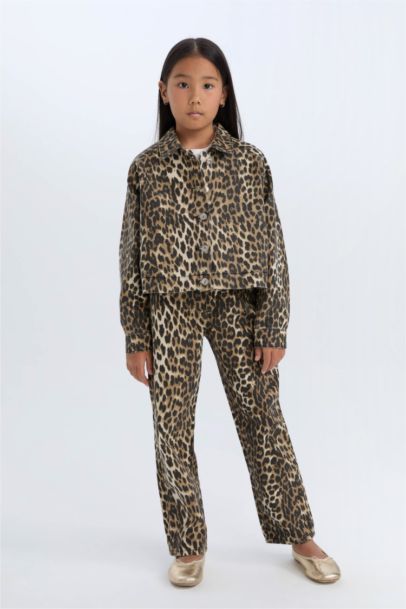 Girl Buttoned Gabardine Long Sleeve Shirt Leopard Jacket