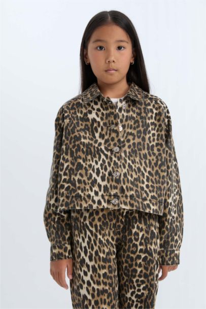 Girl Buttoned Gabardine Long Sleeve Shirt Leopard Jacket