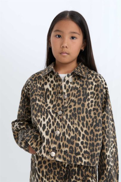 Girl Buttoned Gabardine Long Sleeve Shirt Leopard Jacket