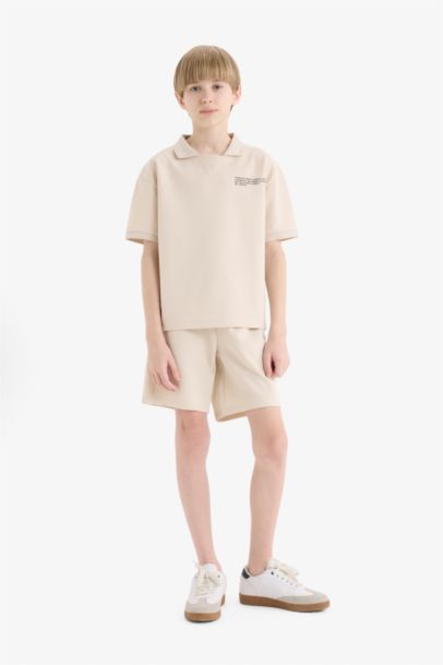 2'li Takım Polo Yaka Baskılı Kısa Kollu Tişört Beli Lastikli Şort Erkek Çocuk