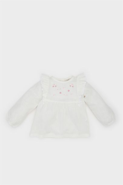 Chemise en popeline à col rond et manches longues pour bébé fille