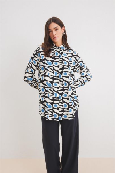 Relax Fit Shirt Collar Printed Long Sleeve Tunic