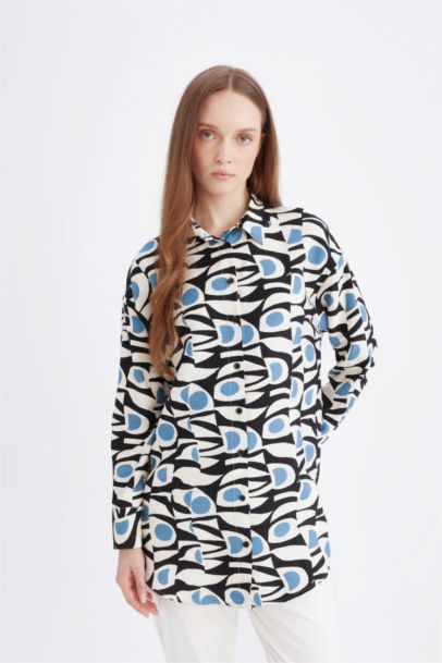 Relax Fit Shirt Collar Printed Long Sleeve Tunic