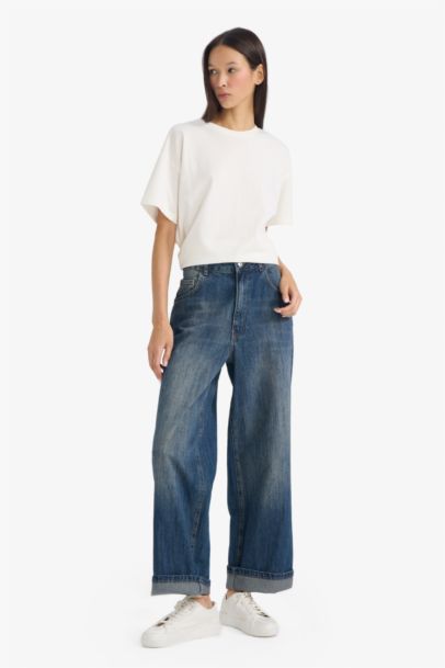 Baggy Fit Yüksek Bel Katlamalı Paça Uzun Jean Yıkamalı Pantolon