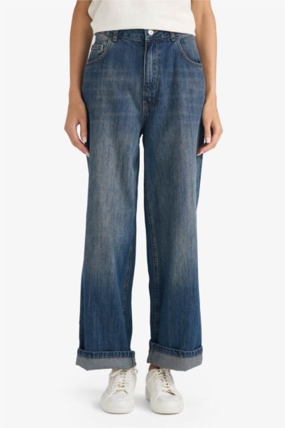 Baggy Fit Yüksek Bel Katlamalı Paça Uzun Jean Yıkamalı Pantolon