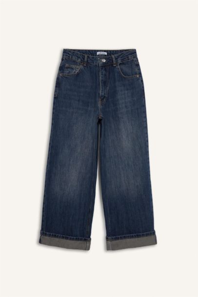 Baggy Fit Yüksek Bel Katlamalı Paça Uzun Jean Yıkamalı Pantolon