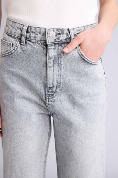 Straıght Wıde Yüksek Bel Uzun Jean Yıkamalı Pantolon