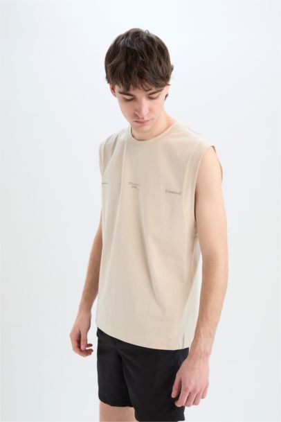 %100 Pamuk Boxy Fit Baskılı Bisiklet Yaka Atlet