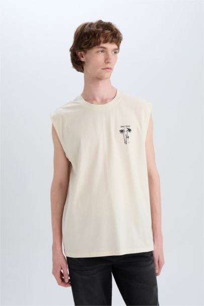 Boxy Fit Printed Crew Neck Cotton Tank Top