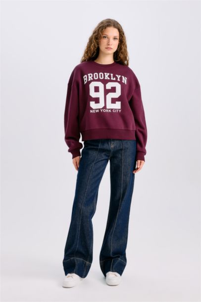 Loose Fit Bisiklet Yaka Baskılı Kalın Sweatshirt