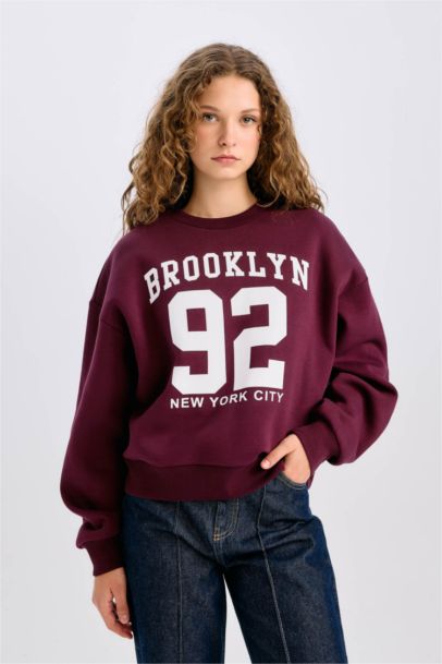 Loose Fit Bisiklet Yaka Baskılı Kalın Sweatshirt