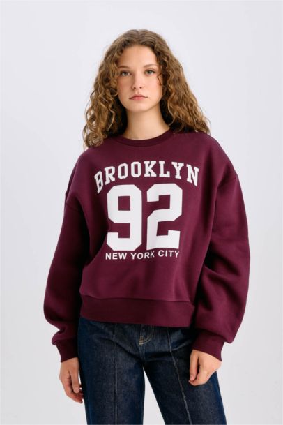 Loose Fit Bisiklet Yaka Baskılı Kalın Sweatshirt