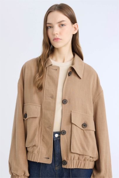 Su Geçirmez Regular Fıt Polo Yaka Pamuk Astarlı Keten Karışımlı Mont