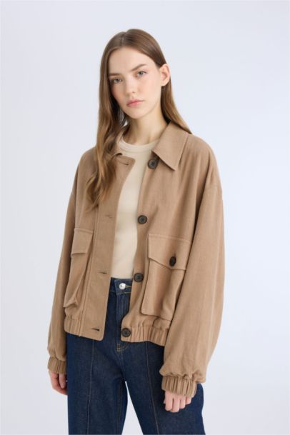 Su Geçirmez Regular Fıt Polo Yaka Pamuk Astarlı Keten Karışımlı Mont