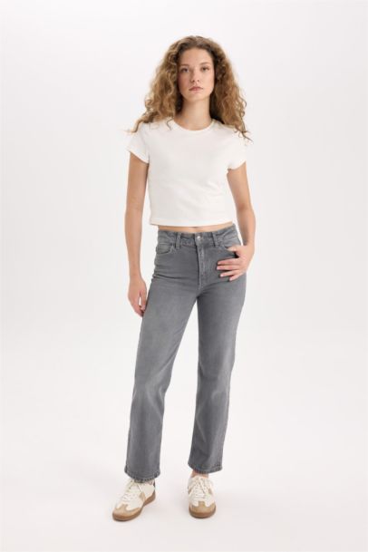 Comfort Straıght Yüksek Bel Bilek Boy Jean Yıkamalı Pantolon