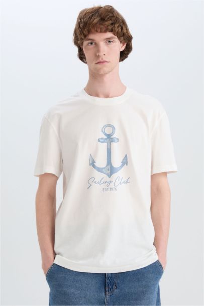 تيشيرت قطن نص كم قصة عادية برقبة مستديرة