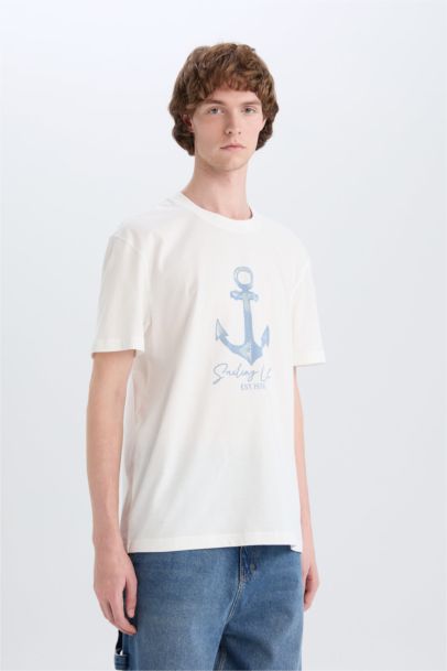 تيشيرت قطن نص كم قصة عادية برقبة مستديرة