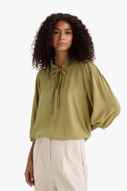 Regular Fit Crinkle Viscose Long Sleeve Blouse
