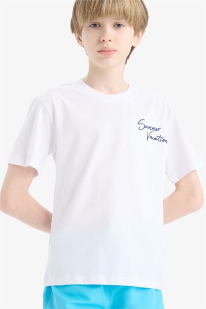 تيشيرت نص كم مطبوعة قصة عادية بياقة مستديرة