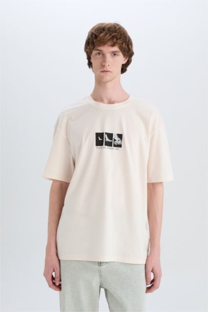 تيشيرت قطن أوفر سايز مطبوع برقبة مستديرة