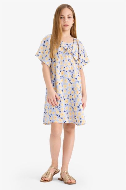 Girl Patterned Viscose Short Sleeve Dress