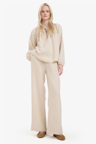 Wide Leg Müslin Kumaş Palazzo Pantolon Çift Cepli Yüksek Bel Geniş Paça