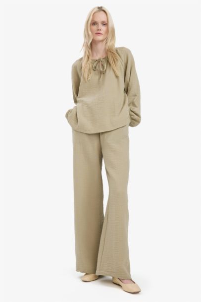 Wide Leg Müslin Kumaş Palazzo Pantolon Çift Cepli Yüksek Bel Geniş Paça