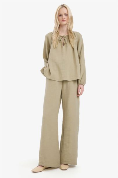 Wide Leg Müslin Kumaş Palazzo Pantolon Çift Cepli Yüksek Bel Geniş Paça